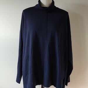 🌿Eileen Fisher 100% Merino Wool Sweater Cowl Neck Navy Blue Boxy Flowy Size 3X